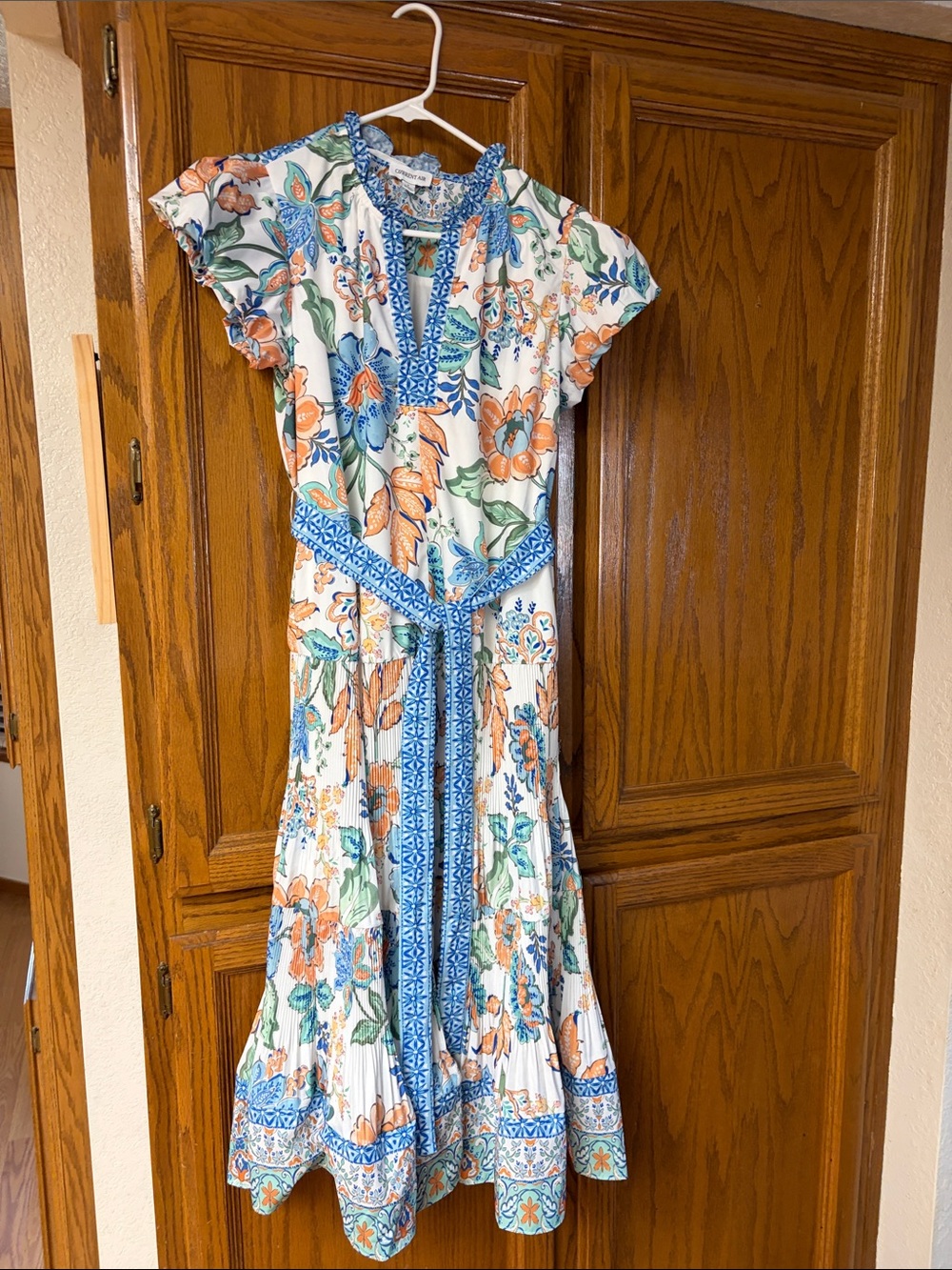 Current Air White Midi Dress with Blue & Orange Floral Trim